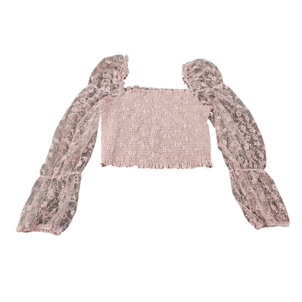 Pink Lace Smocked Crop Top Puff Sleeve Cottagecore 2XL